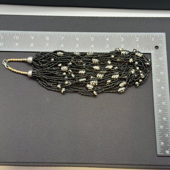Vintage Multi-Strand Black Seed Beaded Necklace With Tribal Patterned Beads - Picture 6 of 9